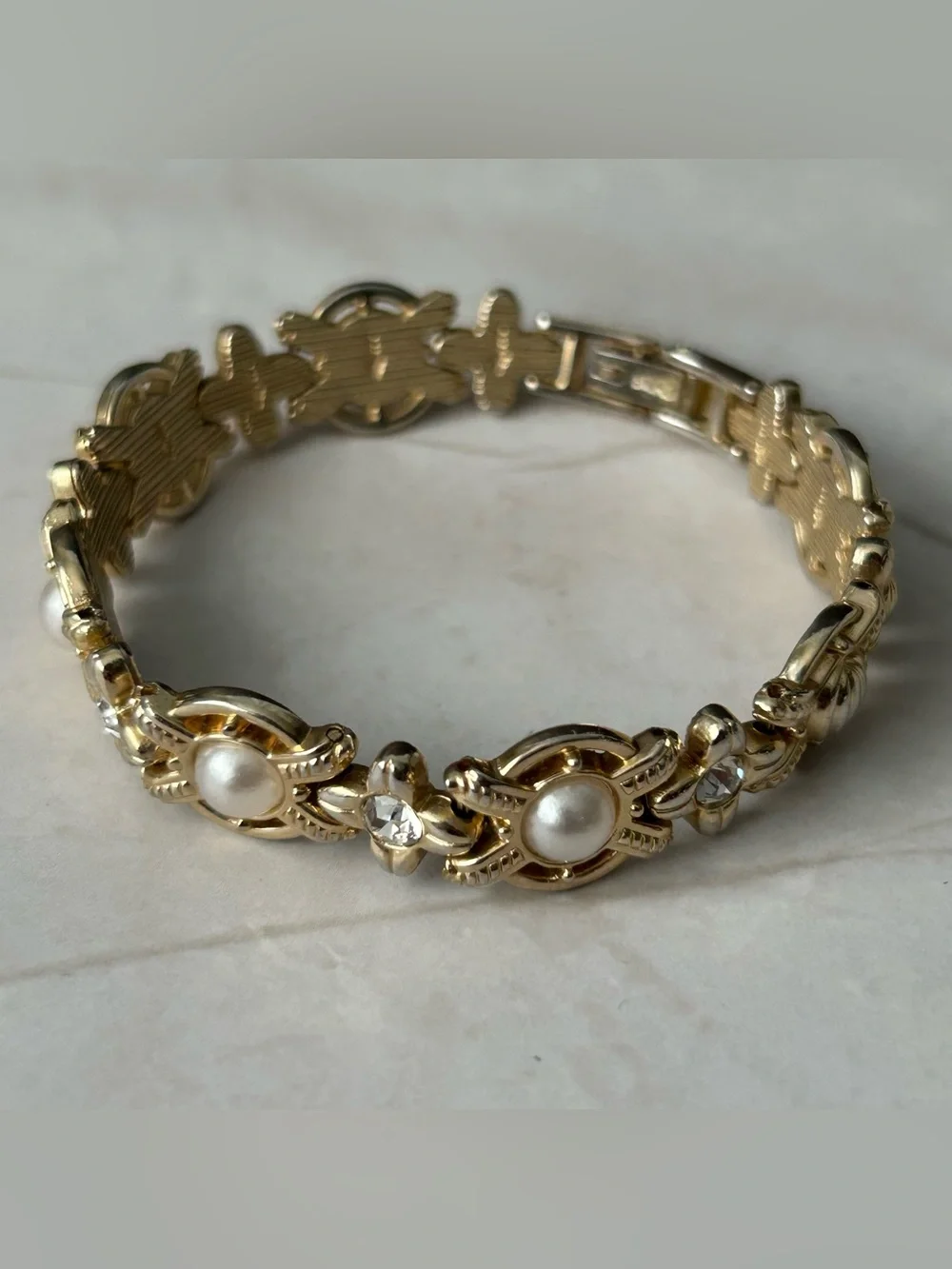 Gold-Tone Pearl and Crystal Link Bracelet